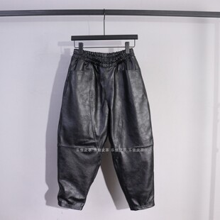 休闲洋气宽松显瘦萝卜裤 女绵羊皮百搭高腰松紧腰时尚 真皮皮裤 新款