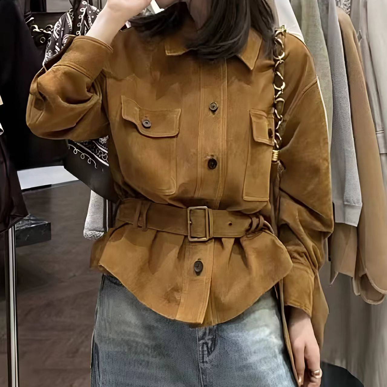 真皮新款洋气复古风真皮皮衣女短款收腰翻领纽扣外套高级感皮夹克