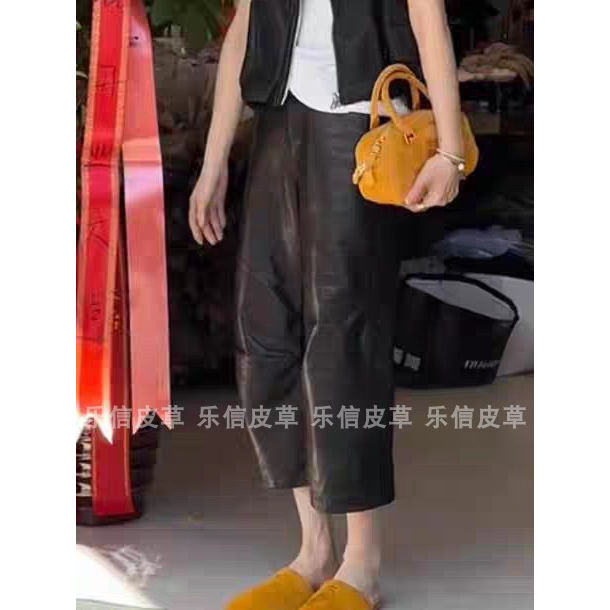 秋冬新款真皮皮裤女绵羊皮时尚修身气质百搭显瘦松紧腰阔腿八分裤