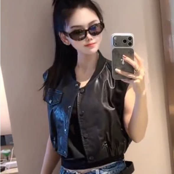 复古真皮绵羊皮女短款圆领马甲