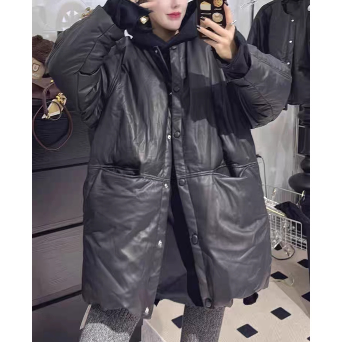 冬季新款真皮宽松中长款时尚黑色绵羊皮鸭绒羽绒服女加厚保暖外套