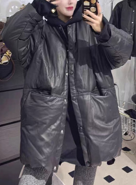 新款中长款黑色绵羊皮羽绒服外套
