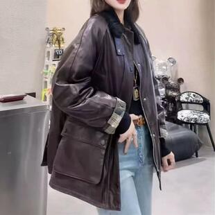 高级感真皮羽绒服女2025冬新款绵羊皮中长款风衣鹅绒保暖皮衣外套