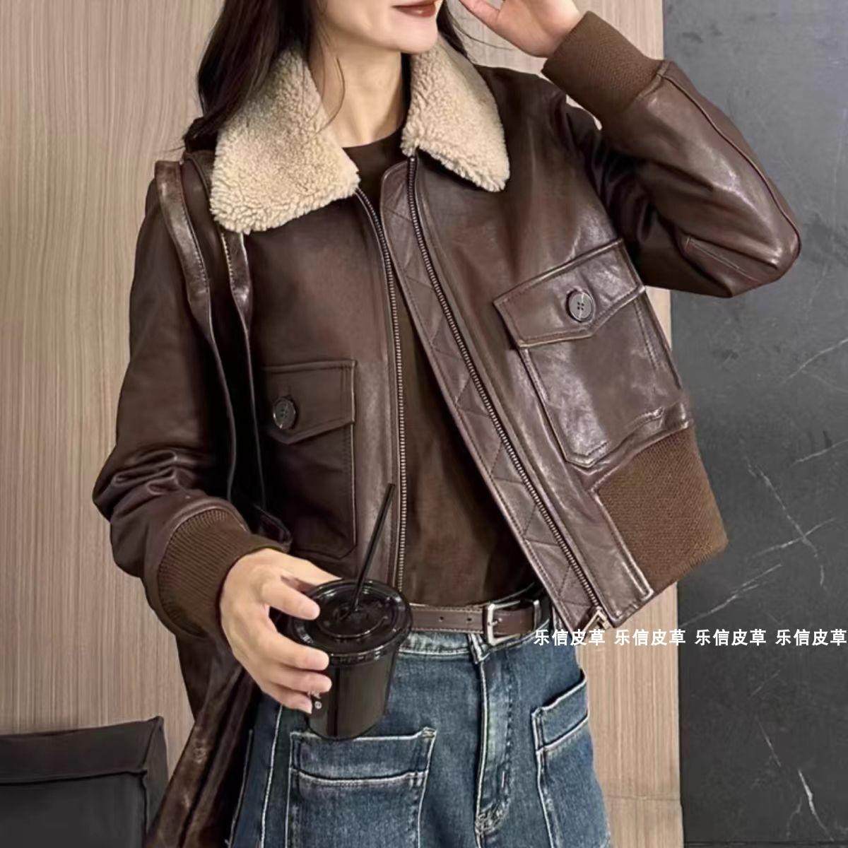 2024秋冬真皮绵羊皮夹克短款羊羔毛领保暖潮流加厚机车外套女