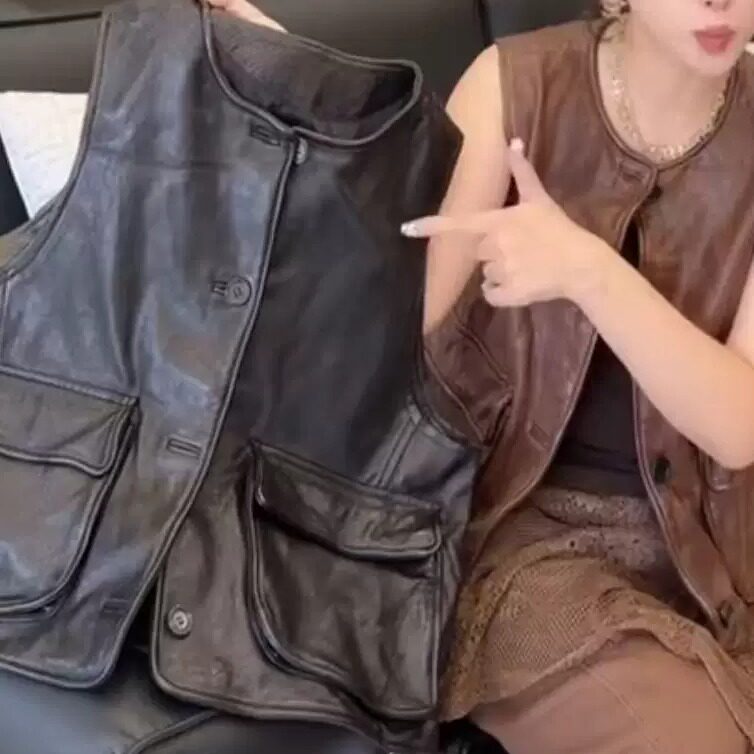 真皮女短款多口袋显瘦马甲