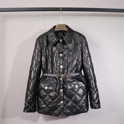 时尚新款菱形绗线皮衣中长款外套