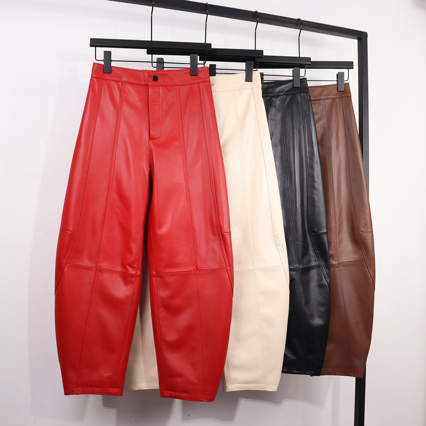 新款真皮皮裤女时尚百搭休闲松紧腰宽松阔腿弯刀裤个性高腰九分裤,女装/女士精品,皮裤,淘宝优惠券,粉丝福利购,淘宝优惠卷