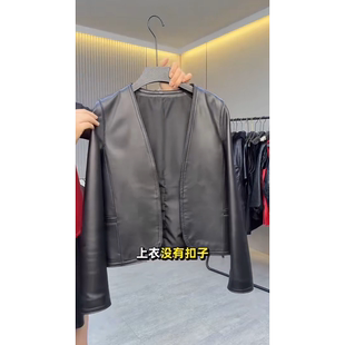 春季新款极简风真皮皮衣女款短款黑色V领绵羊皮时尚显瘦开衫外套