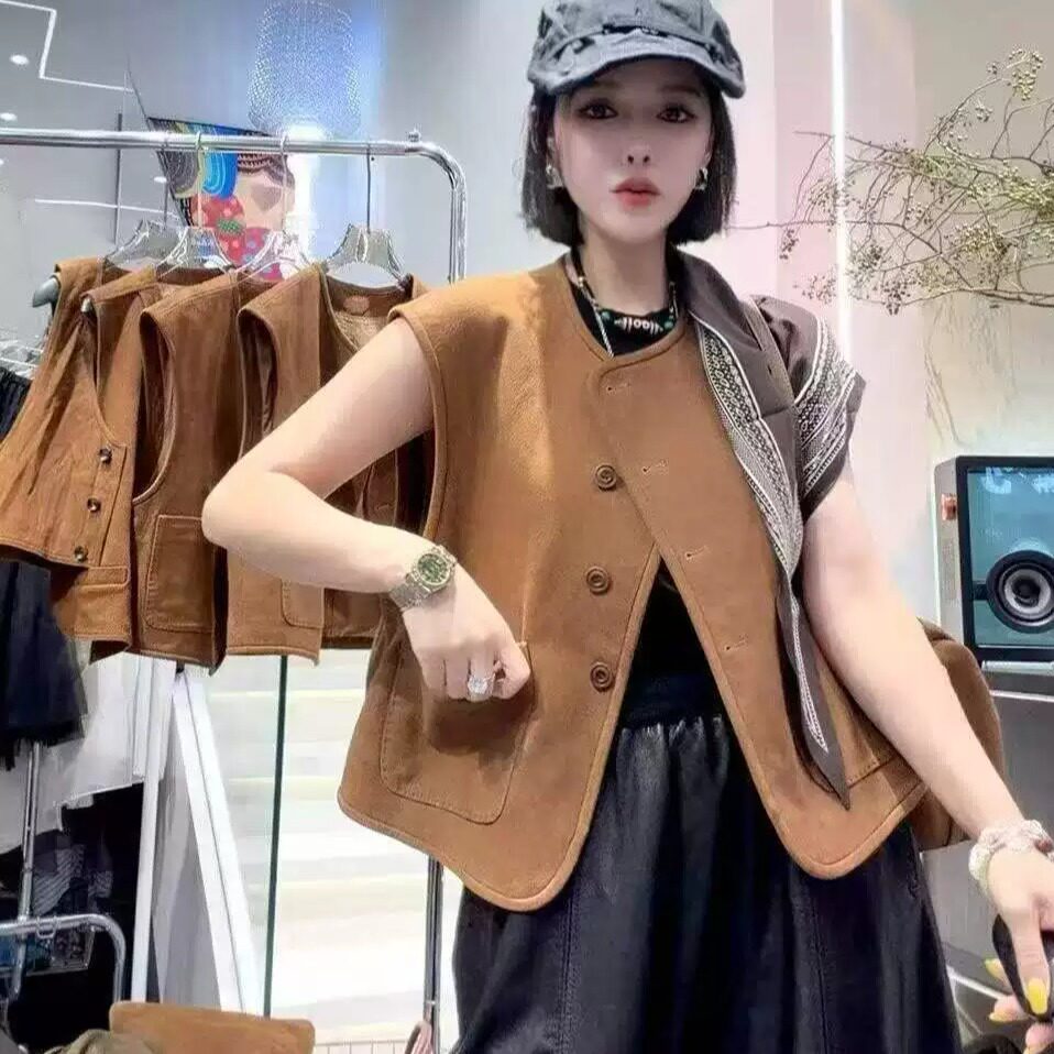 复古短款无袖皮衣马甲女棕色