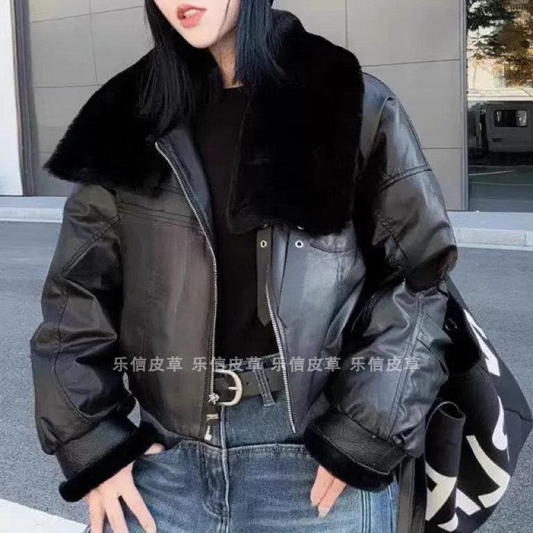 新款女装短款皮毛一体羽绒服皮衣