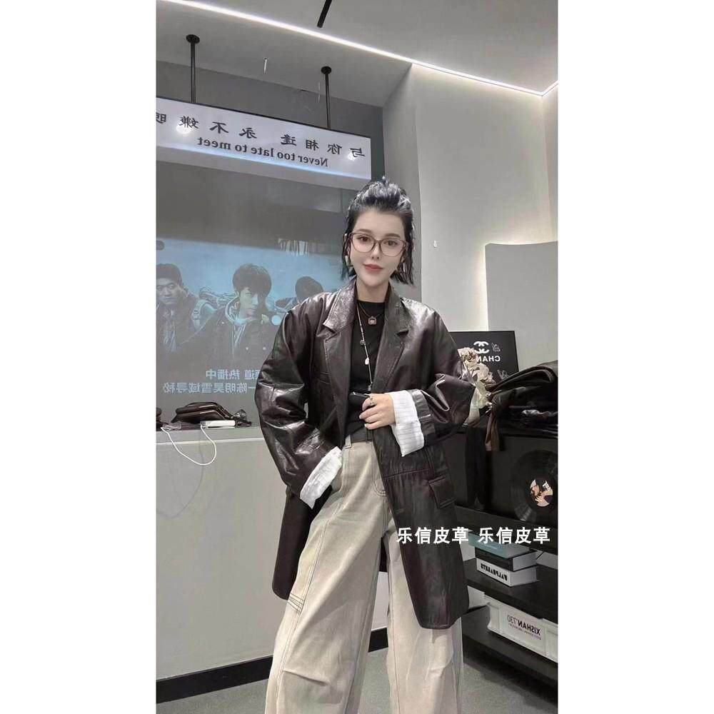 女士高级感中长款外套真皮皮衣绵羊皮宽松显瘦帅气街风西装领百搭