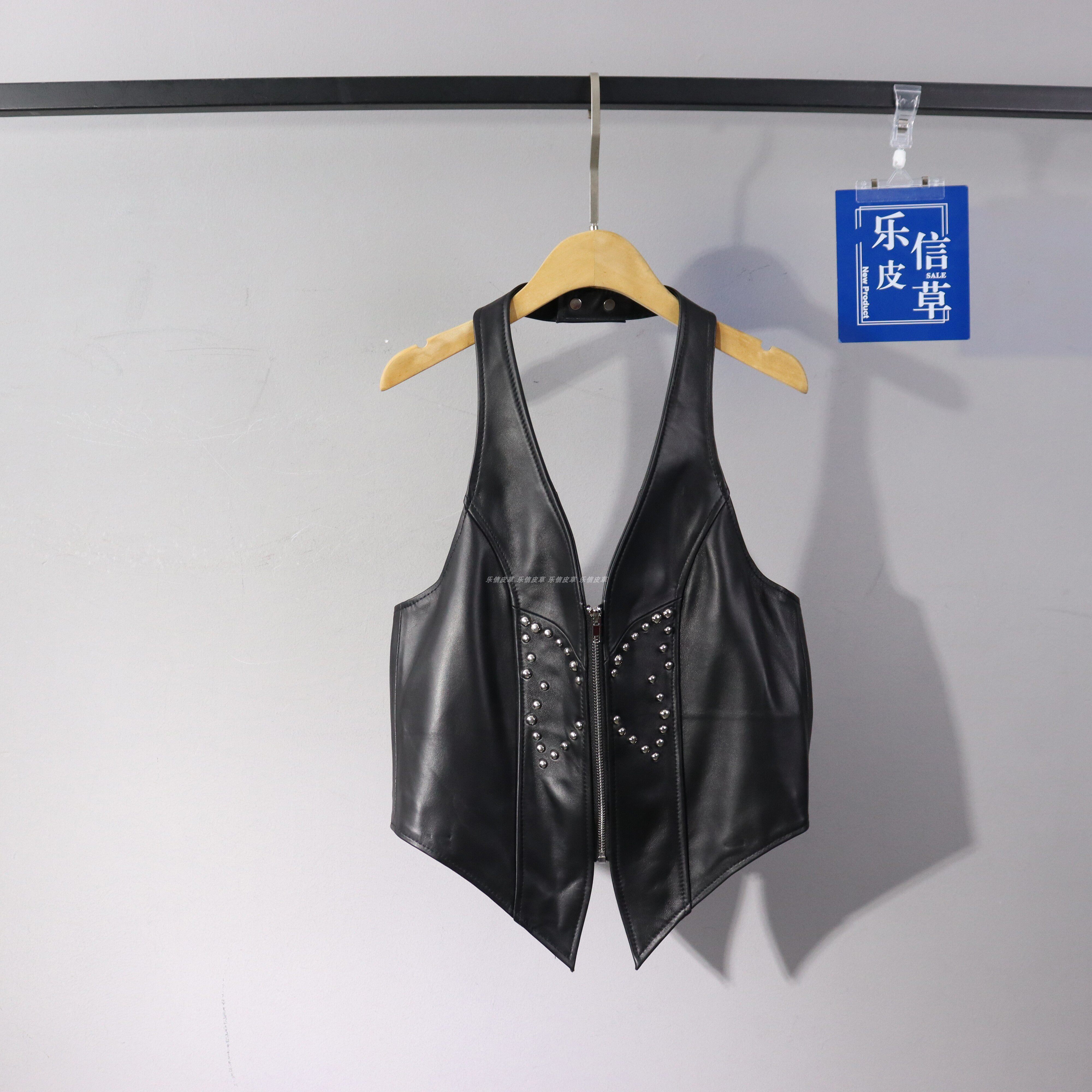 朋克风真皮吊带女绵羊皮叠穿马甲新款亚文化吊带修身无袖背心外搭