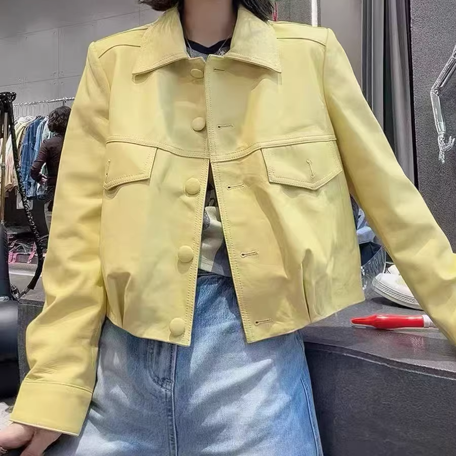 春季时尚新款鹅黄色短款真皮皮衣女翻领羊皮修身小个子高级感外套