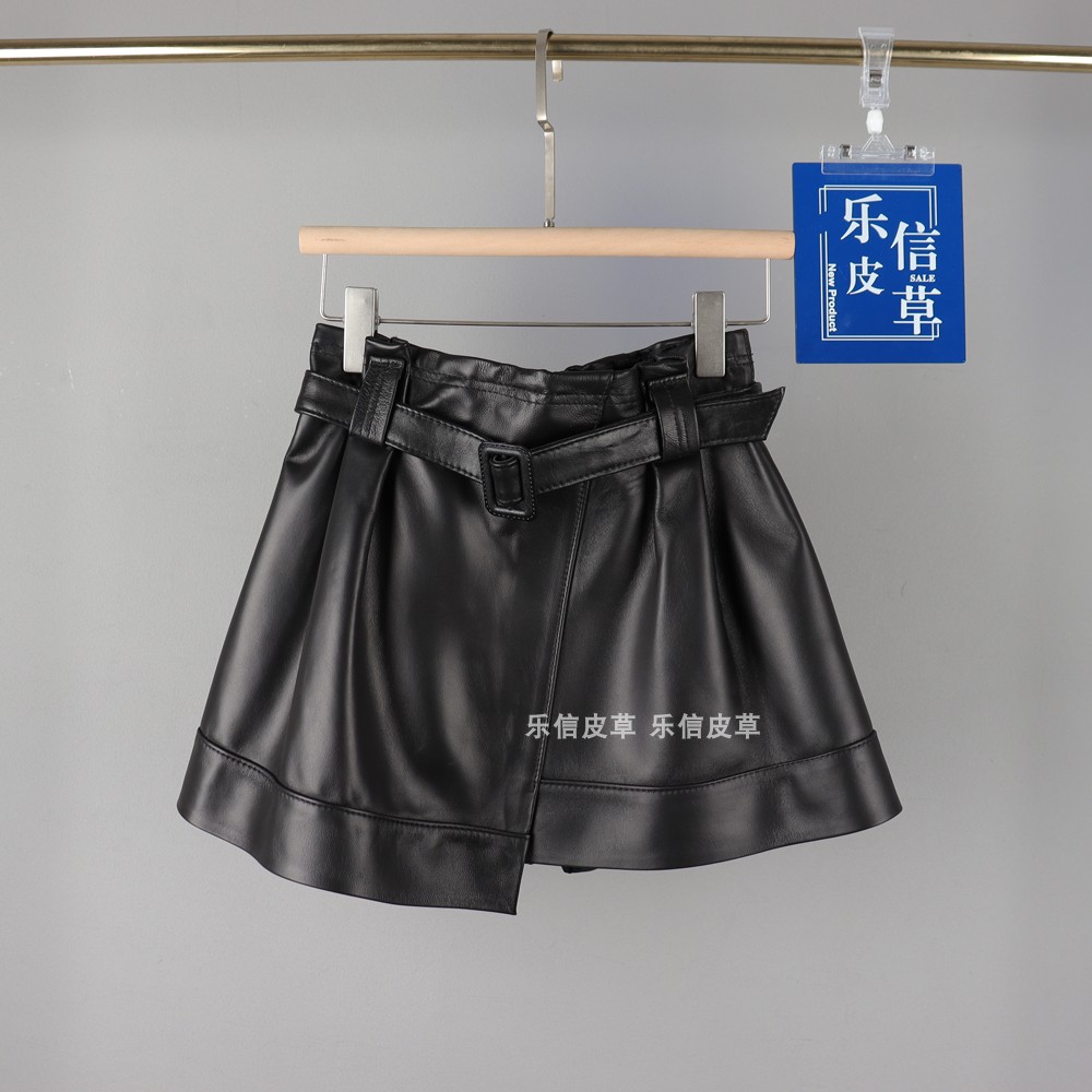 海宁真皮半身裙女绵羊皮不规则松紧腰A字半身腰带时尚俏皮短裙