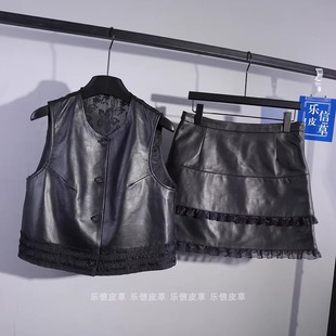 新款真皮马甲皮裙女绵羊皮时减龄气显瘦质单排扣无袖外搭半身短裙