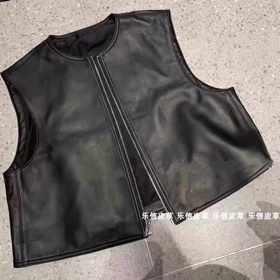 真皮休闲坎肩无袖外套极简风拉链