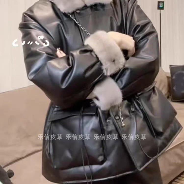 新款真皮绵羊皮女款气质双排扣羽绒服外套时尚水貂毛领中长款皮衣