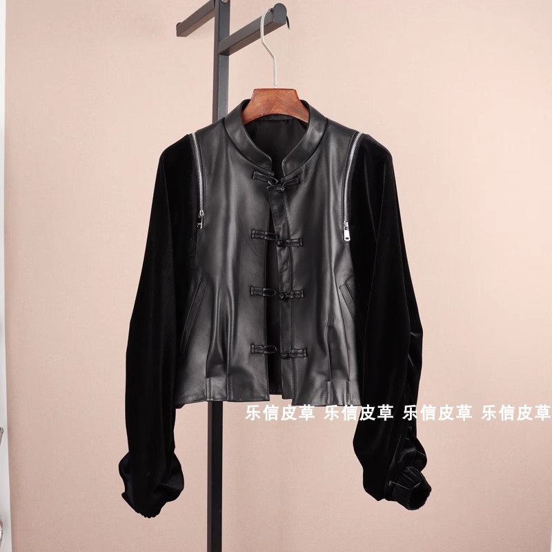 修身中国风短款真皮皮衣拼接丝绒