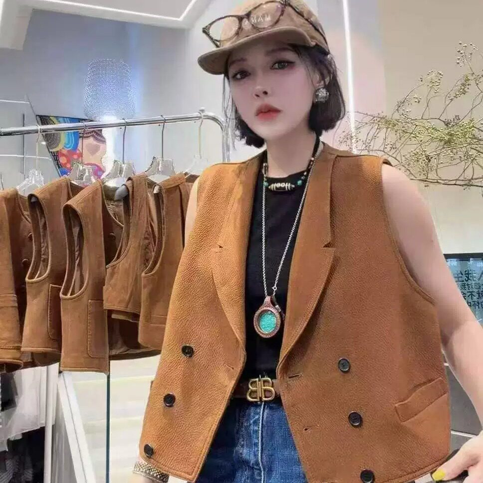 真皮羊皮短款西装领显瘦马甲女