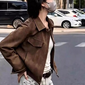 海宁真皮复古翻领短款皮衣女