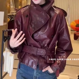 2024新款走秀款宽松休闲真皮皮衣女绵羊皮夹克廓肩机车女款外套