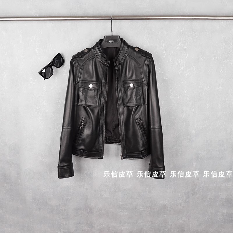 修身百搭立领短款真皮皮衣绵羊皮
