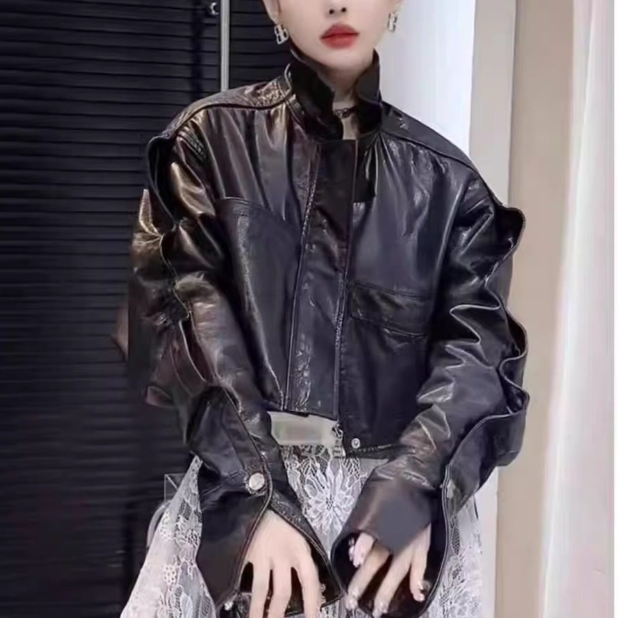 新款真皮皮衣女短款蝙蝠袖外套
