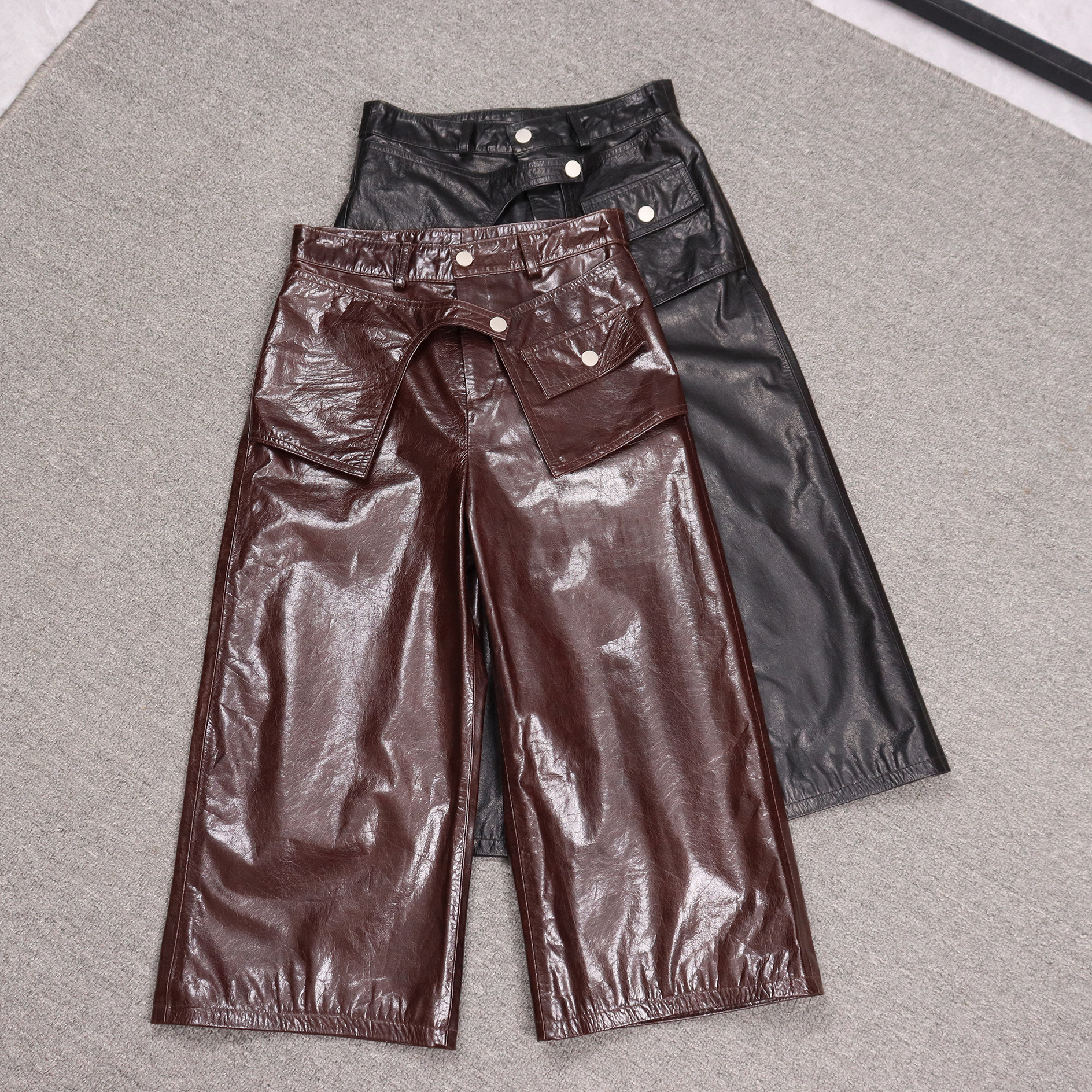 真皮新款休闲风油蜡皮阔腿裤女个性时尚高腰显瘦宽松直筒八分皮裤,女装/女士精品,皮衣,淘宝优惠券,粉丝福利购,淘宝优惠卷
