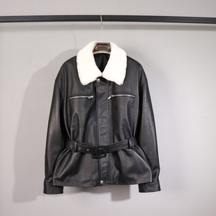 冬季新款真皮加棉皮衣女大毛领收腰短款绵羊皮夹克腰带长袖外套