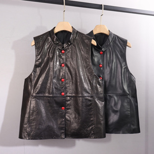 新款时尚真皮中长款马甲女款立领单排扣无袖短款气质显瘦修身坎肩