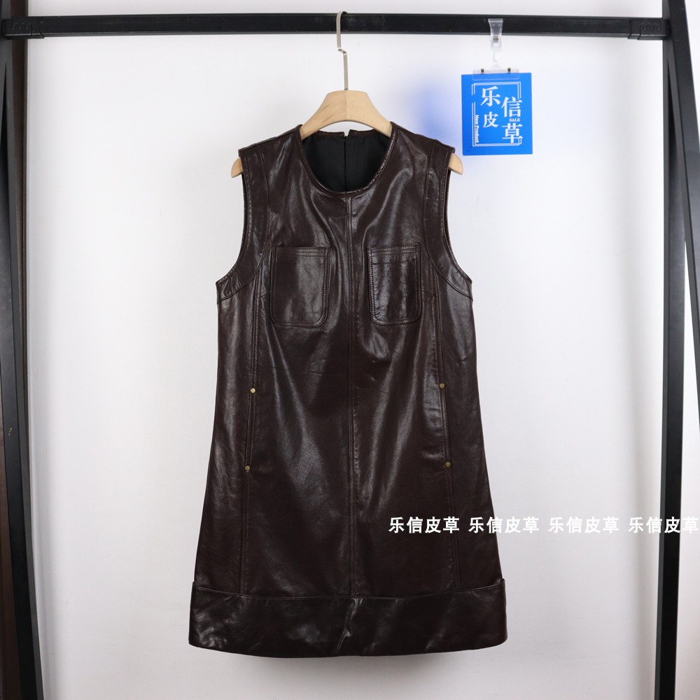 欧洲站2024早秋真皮紫咖复古气质圆领中长款背心马甲女上衣连衣裙
