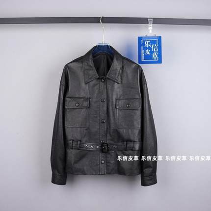 春季新款真皮腰带皮衣泡皮女时尚百搭荔枝纹绵羊皮皮衣外套潮