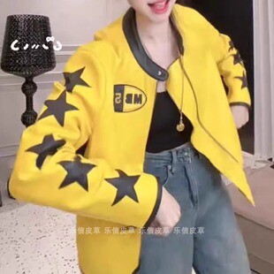 绵羊皮新款真皮皮衣女时尚百搭显瘦皮夹克外套星星款个性皮夹克