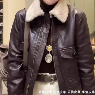 2024秋冬新款港风复古拉链短款真皮皮衣女羊羔毛领百搭绵羊皮外套