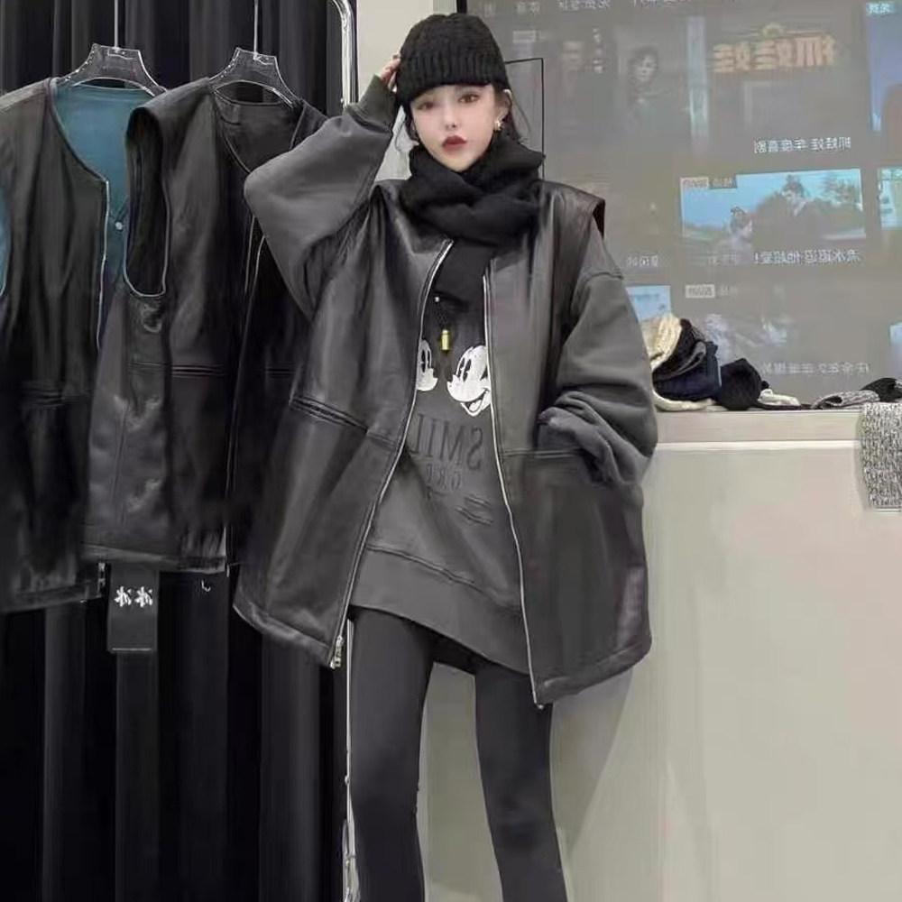 女洋气纯皮背心加棉马甲保暖圆领绵羊皮坎肩中长款网红爆款宽松