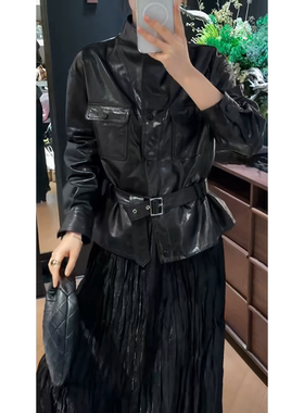 时尚新款真皮皮衣女款修身收腰腰带短款外套高级感长袖皮夹克外套