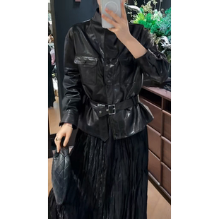 新款 外套高级感长袖 真皮皮衣女款 收腰腰带短款 皮夹克外套 修身 时尚