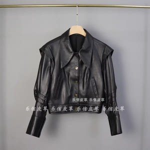新款欧洲站真皮绵羊皮女外套小香风黑色纯皮夹克时尚百搭休闲高级