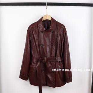 小然同款2024年秋冬季新款女外套收腰显瘦高级感红色油蜡皮绵羊皮
