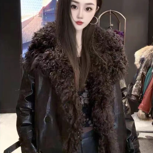 新款真皮牛皮油蜡皮羊羔毛毛领皮衣女款外套高级感时尚保暖鹅绒服
