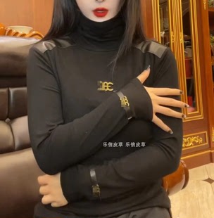 欧货秋冬新款弹力棉配绵羊皮小衫高领绵羊皮修身显瘦时尚打底衫