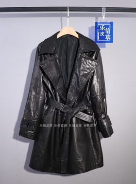 真皮新款皮衣女款油蜡皮高级百搭显瘦中长款翻领收腰系带皮衣外套