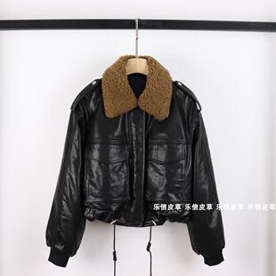 时尚洋气机车服羊羔毛领加棉保暖外套真皮绵羊皮皮衣女韩版网红款