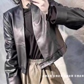 修身 真皮v领皮衣女卷边袖 绵羊皮高腰休闲外套皮夹克显瘦百搭时尚