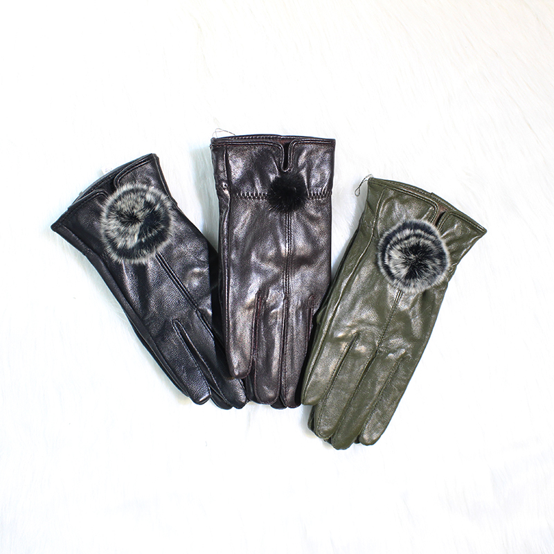 女士绵羊皮冬季加绒加厚兔毛手套