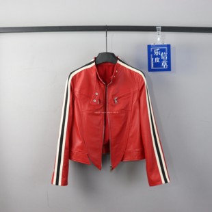 显瘦气质红色条纹皮夹克时尚 真皮新款 复古机车服绵羊皮皮衣女修身