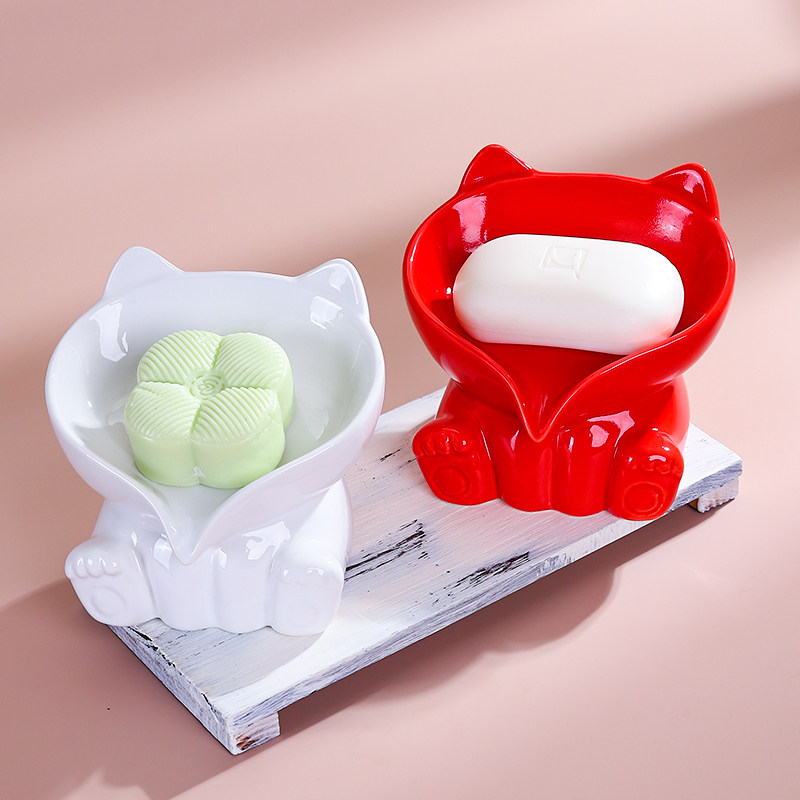 可爱猫咪陶瓷沥水肥皂盒家用免打孔速干不积水皂托皂碟香皂收纳架,家庭/个人清洁工具,皂盒,淘宝优惠券,粉丝福利购,淘宝优惠卷