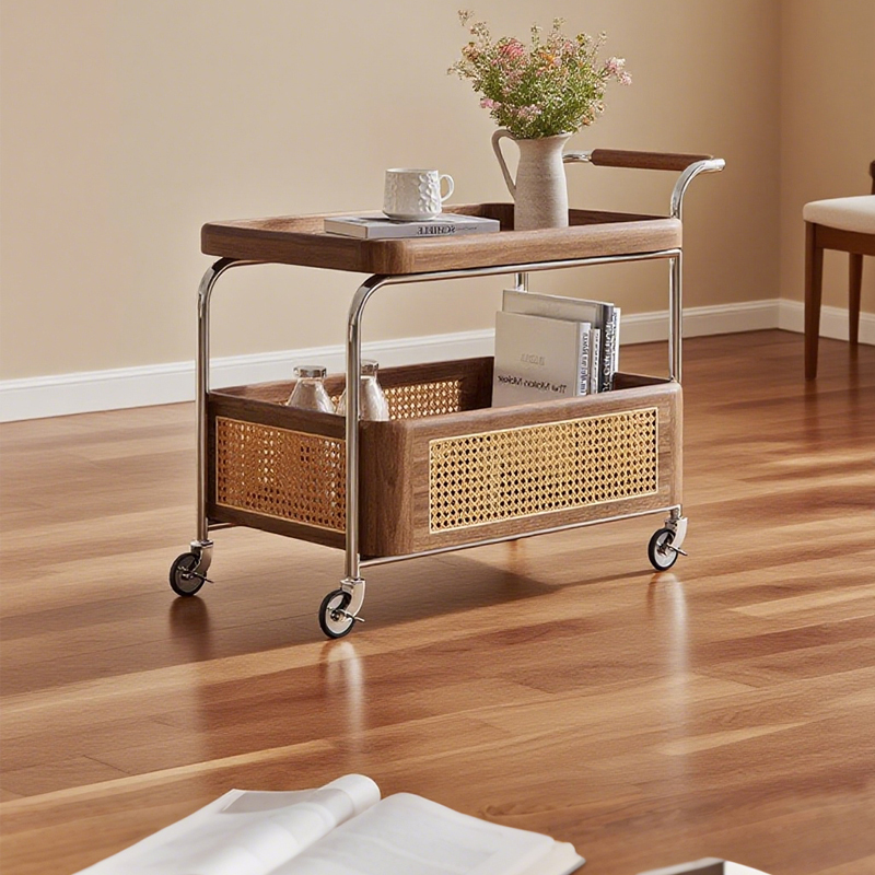 中古风边几小推车收纳客厅黑胡桃木藤编可移动沙发小茶几