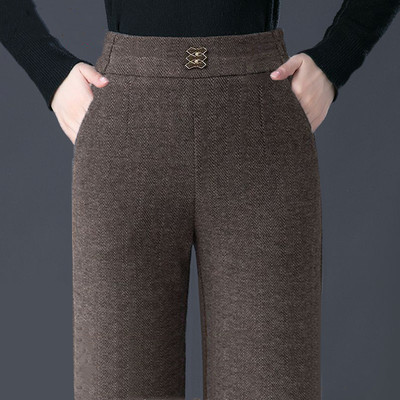 恒源祥官方正品秋冬加绒加厚微喇裤女装毛呢高腰显瘦直筒休闲运动
