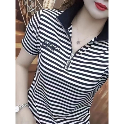 恒源祥官方正品中年妈妈装条纹polo领短袖T恤女宽松显瘦翻领设计
